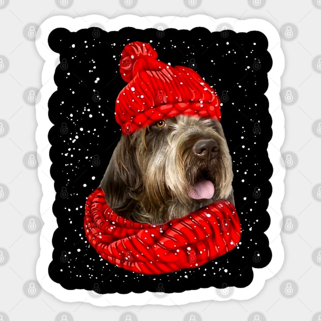 Wirehaired Pointing Griffon Wearing Red Hat And Scarf Christmas Sticker by SuperMama1650